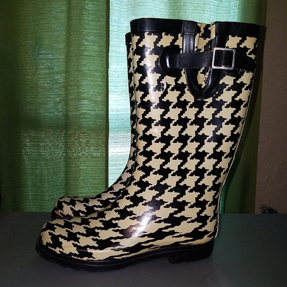 Black White Houndstooth Mid-Calf Pull-On Rubber Rain Boots Adjustable Straps W/6 - Picture 4 of 11